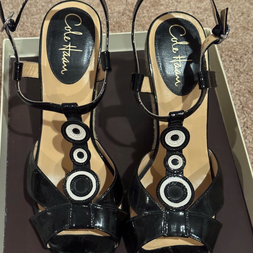 Cole Haan Black and White Espadrille Heels with Glossy Patent Finish